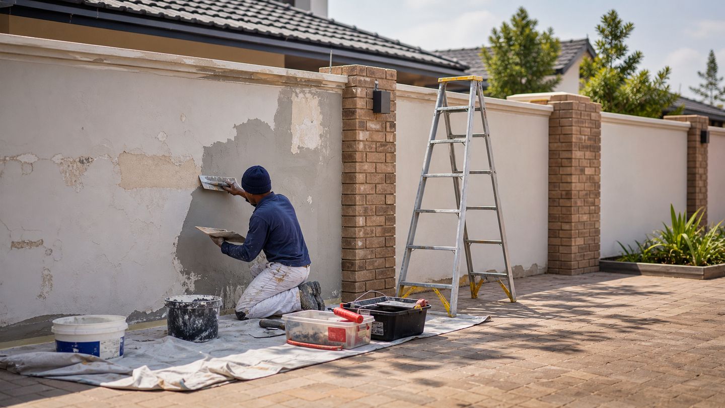 Building maintenance and repair work on an exterior property surface - view 4