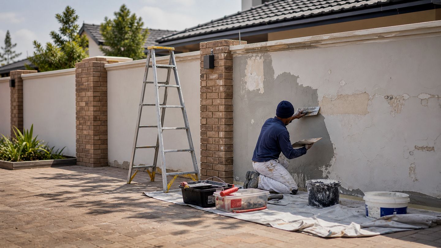 Building maintenance and repair work on an exterior property surface - view 6