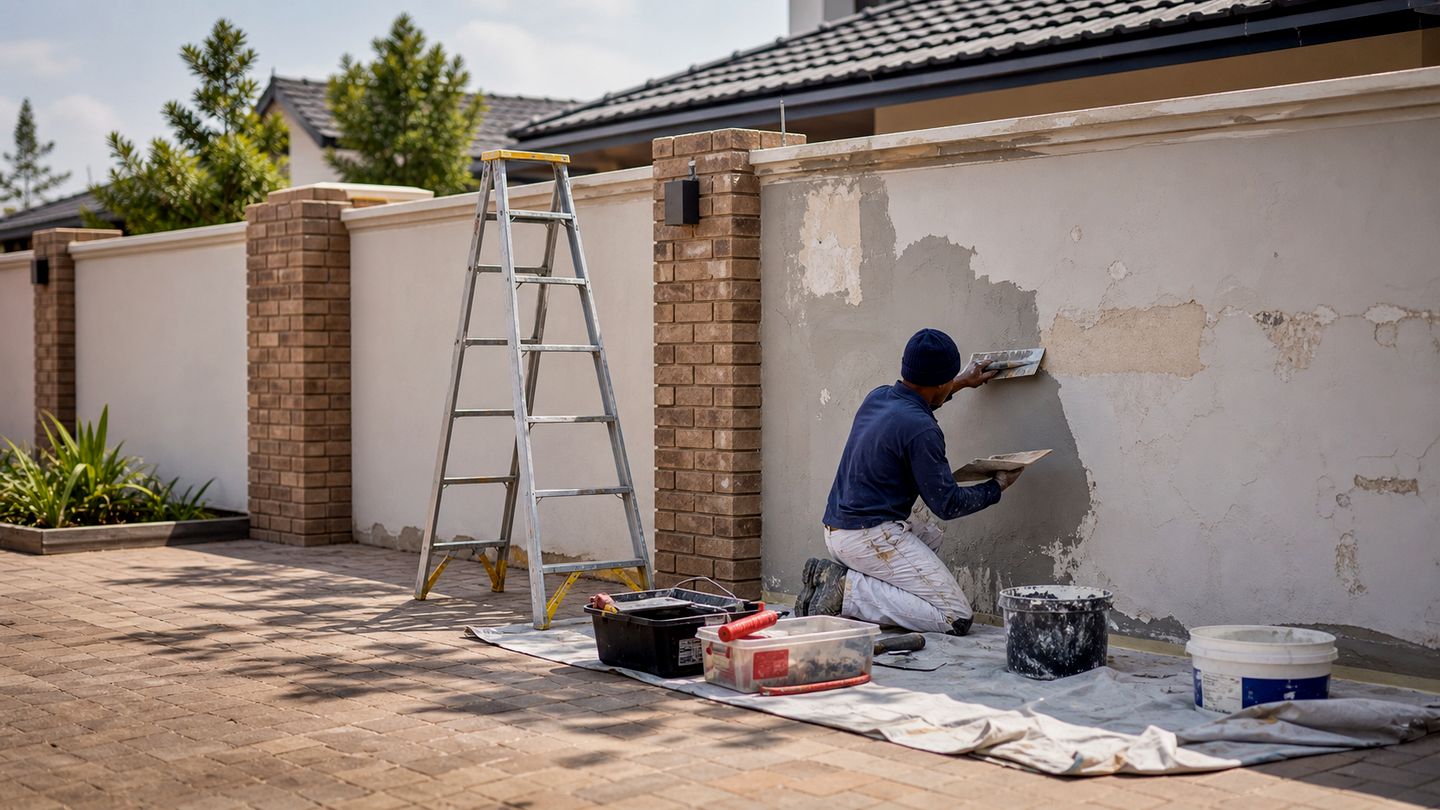 Building maintenance and repair work on an exterior property surface - view 7