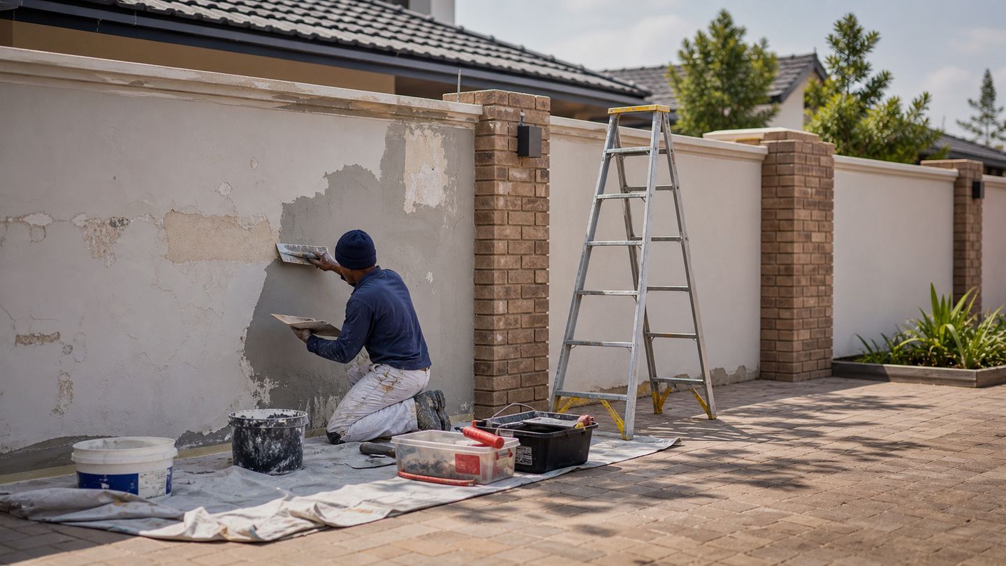 Building maintenance and repair work on an exterior property surface - view 12