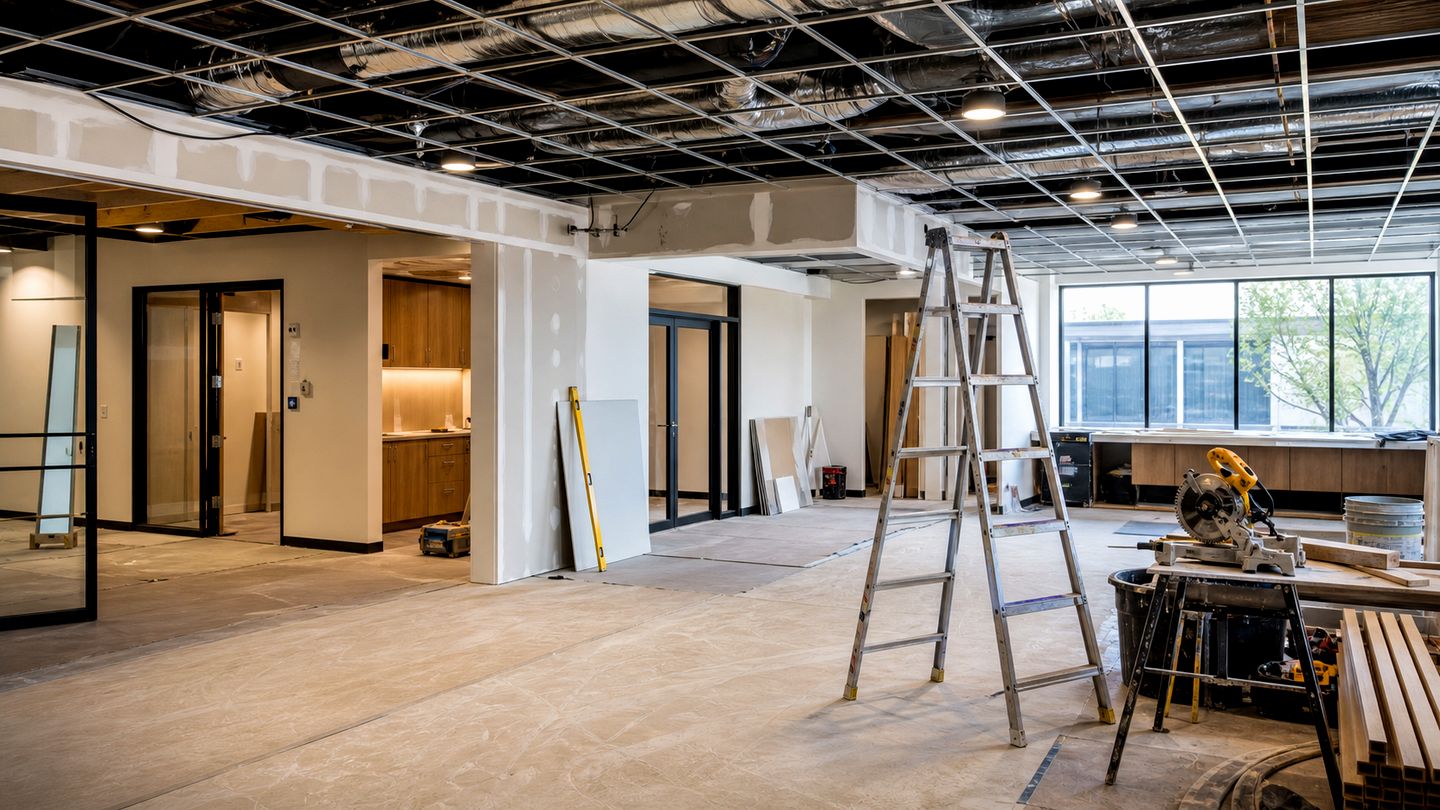 Commercial renovation interior with ceiling work, drywall and site tools - view 3