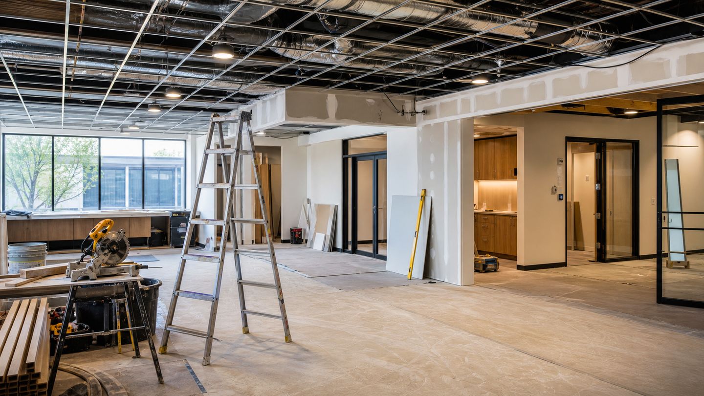 Commercial renovation interior with ceiling work, drywall and site tools - view 4