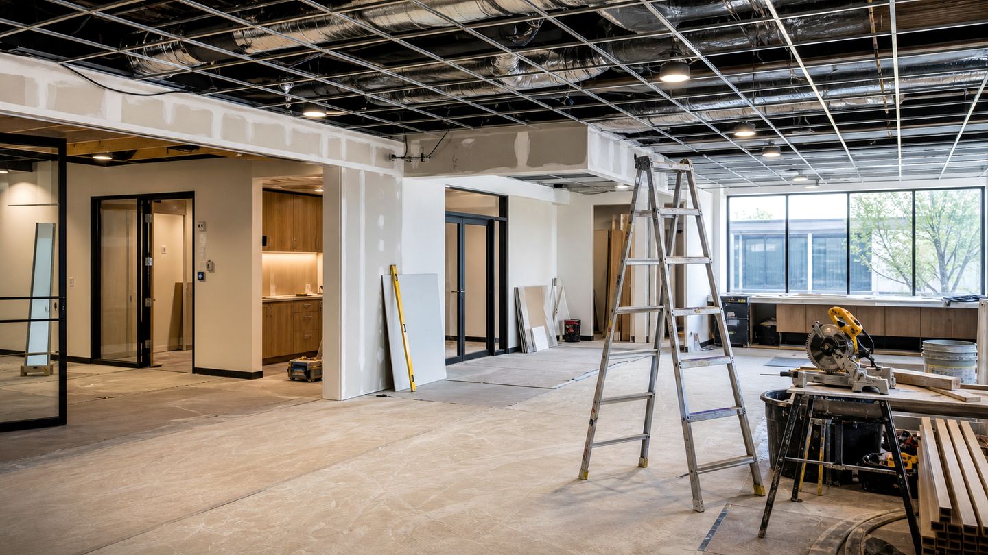 Commercial renovation interior with ceiling work, drywall and site tools - view 5