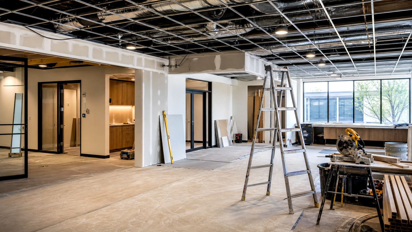 Commercial renovation interior with ceiling work, drywall and site tools - view 11