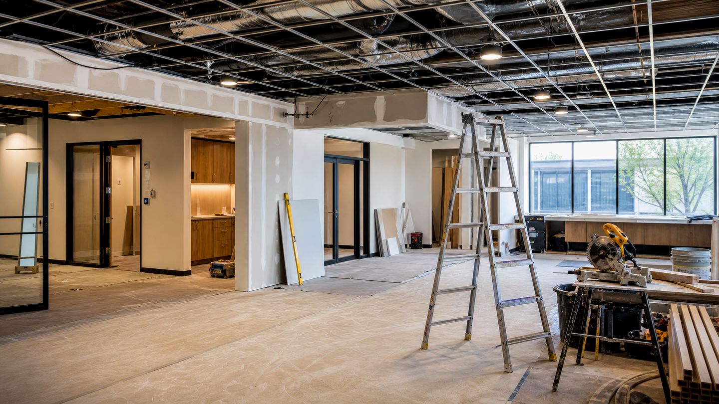 Commercial renovation interior with ceiling work, drywall and site tools - view 14