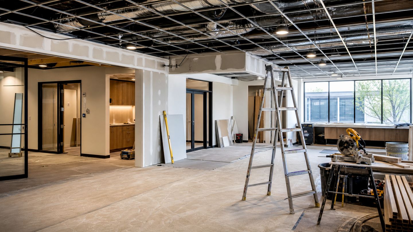 Commercial renovation interior with ceiling work, drywall and site tools - view 15