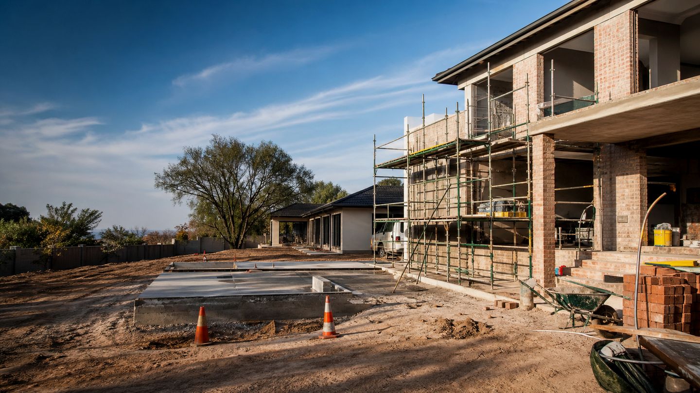 Construction work with brickwork, scaffolding and site activity in Gauteng - view 1