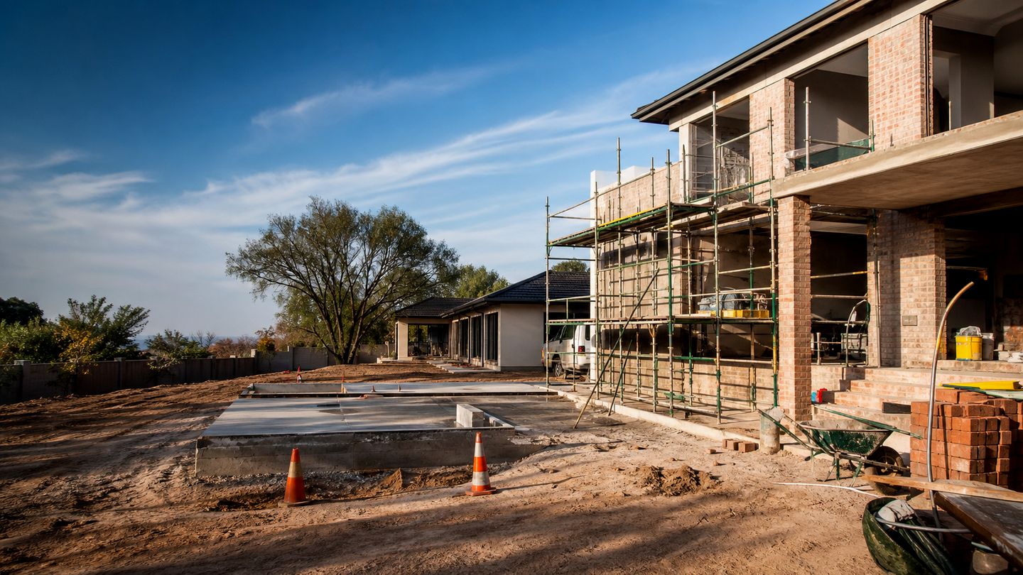Construction work with brickwork, scaffolding and site activity in Gauteng - view 2